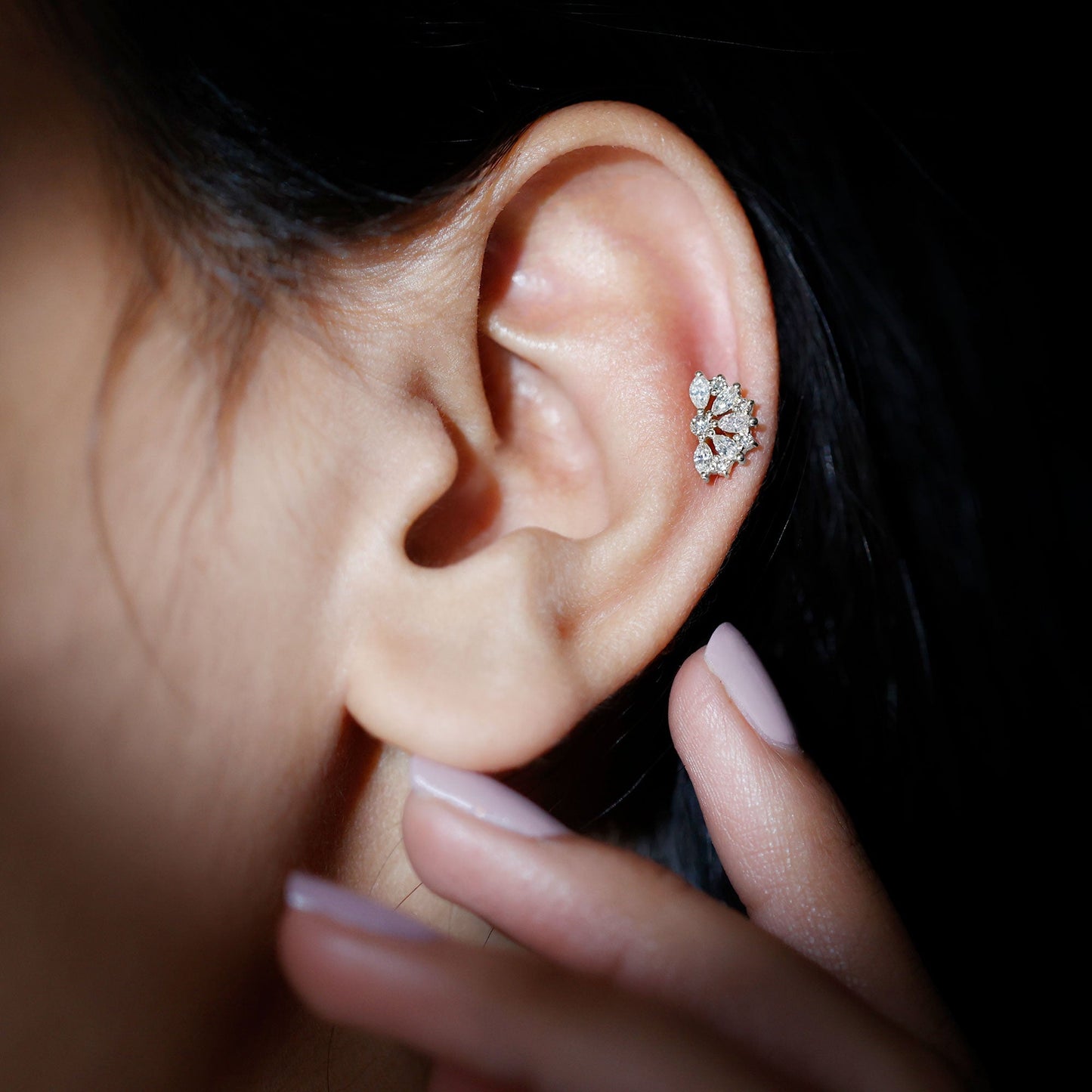 Natural Marquise and Round Diamond Floral Cartilage Earring