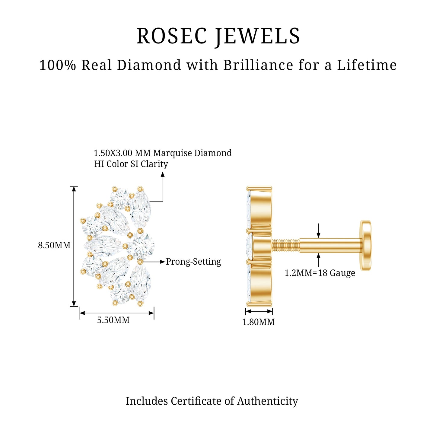 Natural Marquise and Round Diamond Floral Cartilage Earring