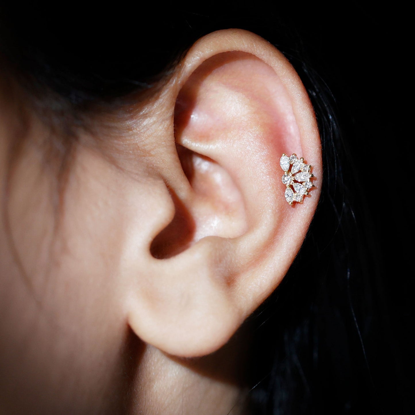 Natural Marquise and Round Diamond Floral Cartilage Earring