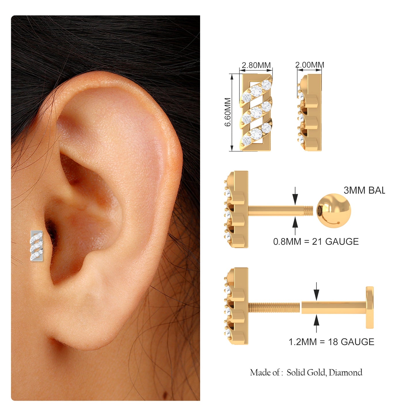 Minimalist Diamond Bar Earring for Tragus Piercing