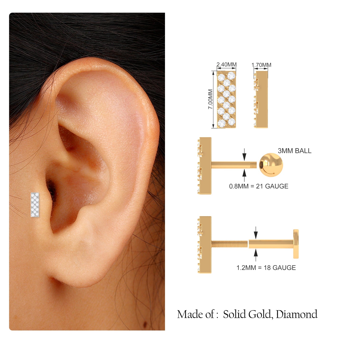 Genuine Diamond Bar Earring for Cartilage Piercing