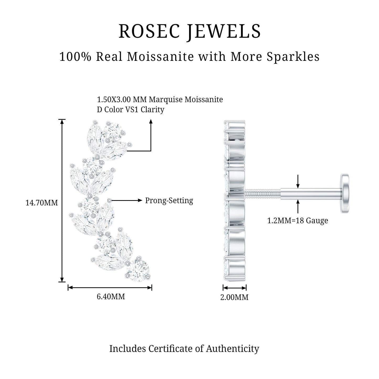 Marquise and Round Moissanite Leaf Helix Earring