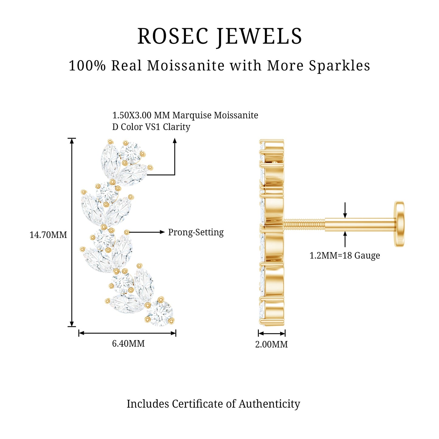 Marquise and Round Moissanite Leaf Helix Earring