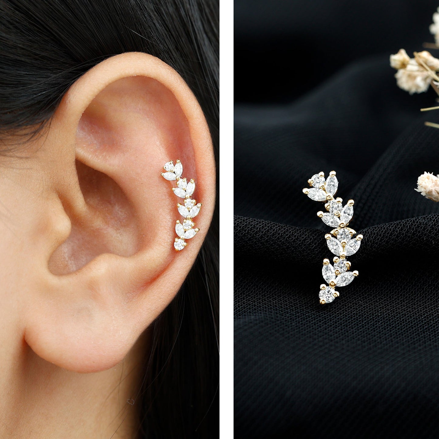 Marquise and Round Moissanite Leaf Helix Earring