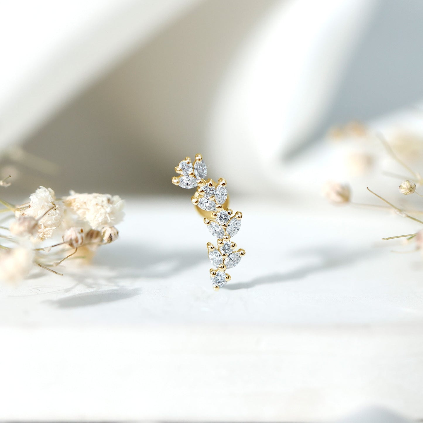 Marquise and Round Moissanite Leaf Helix Earring