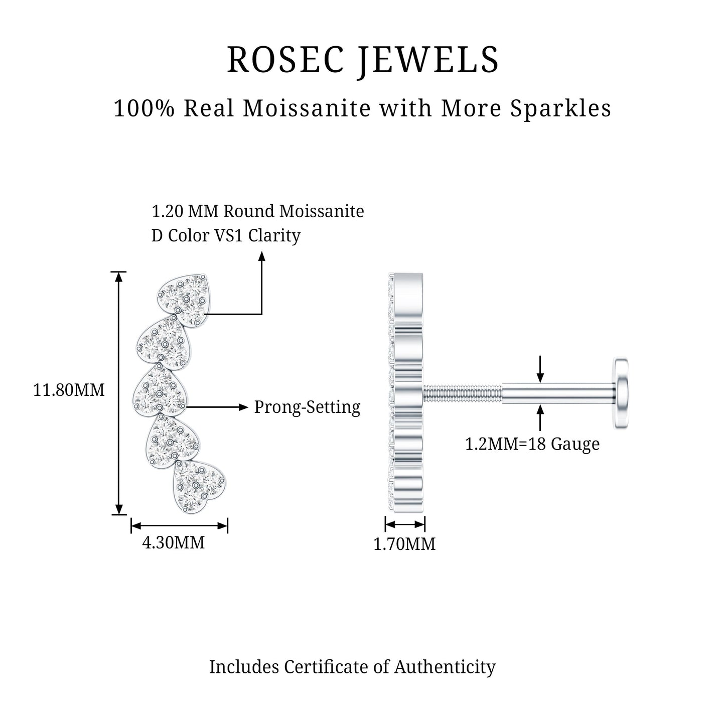 Certified Moissanite Heart Curved Crawler Earring