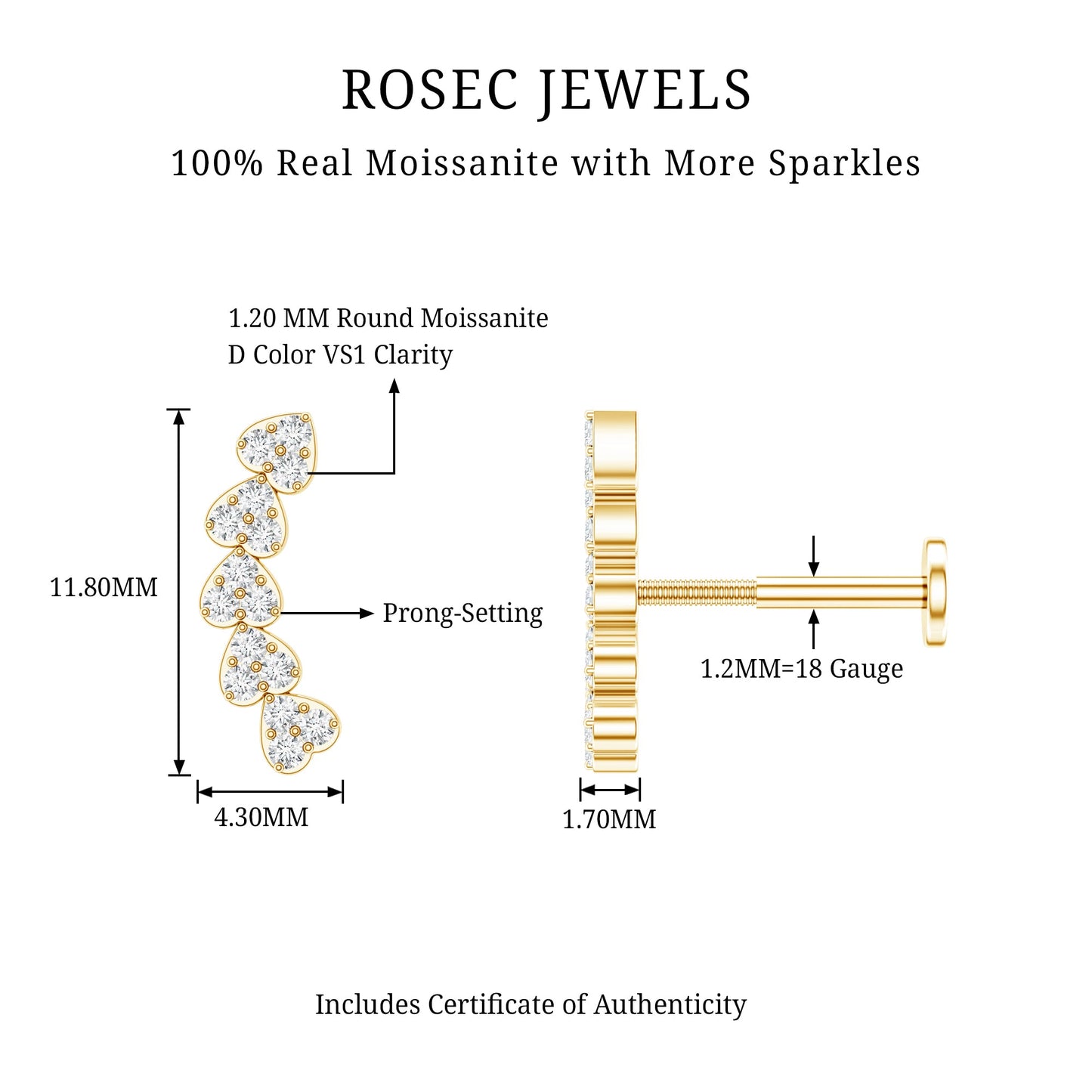 Certified Moissanite Heart Curved Crawler Earring