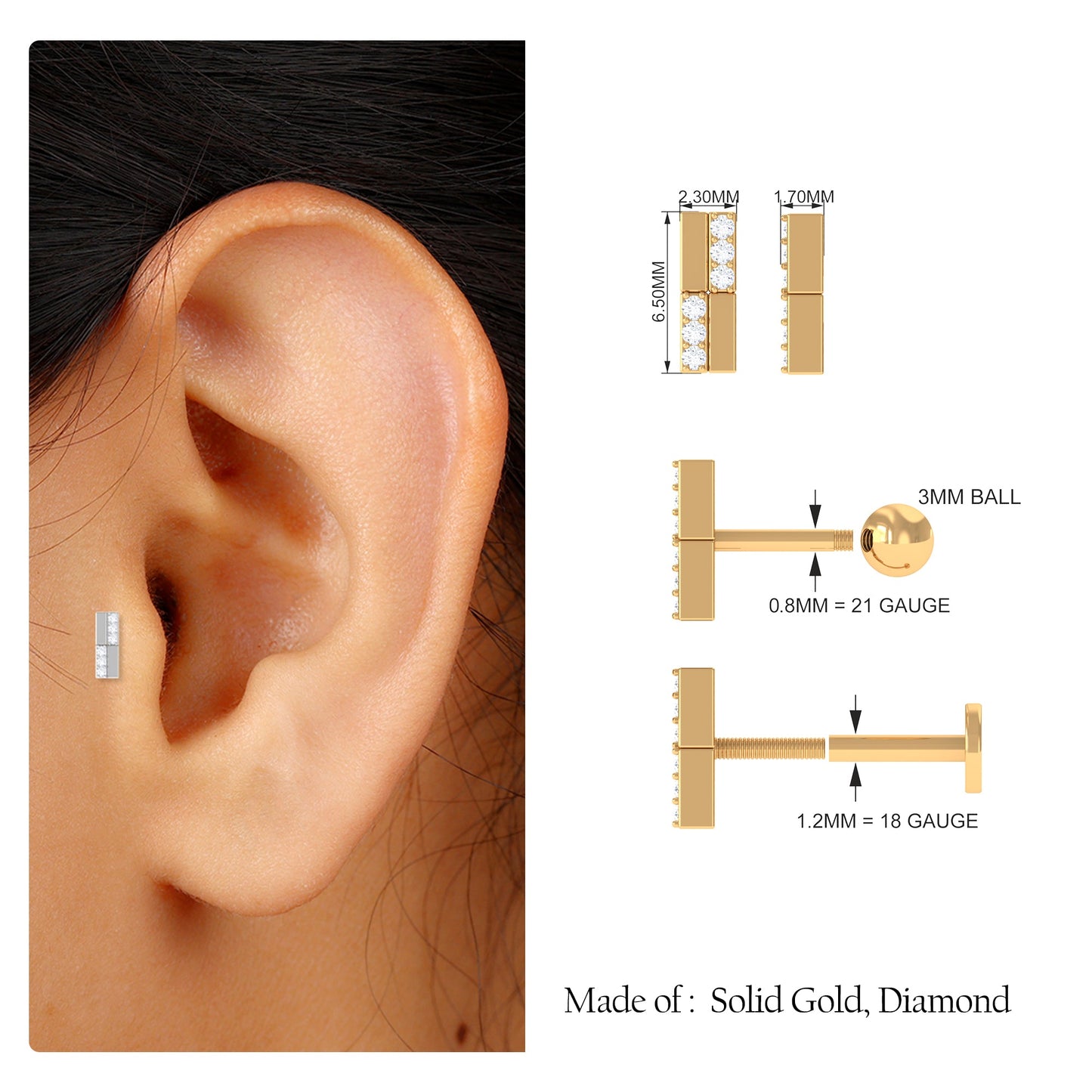 Simple Diamond Bar Earring for Tragus Piercing
