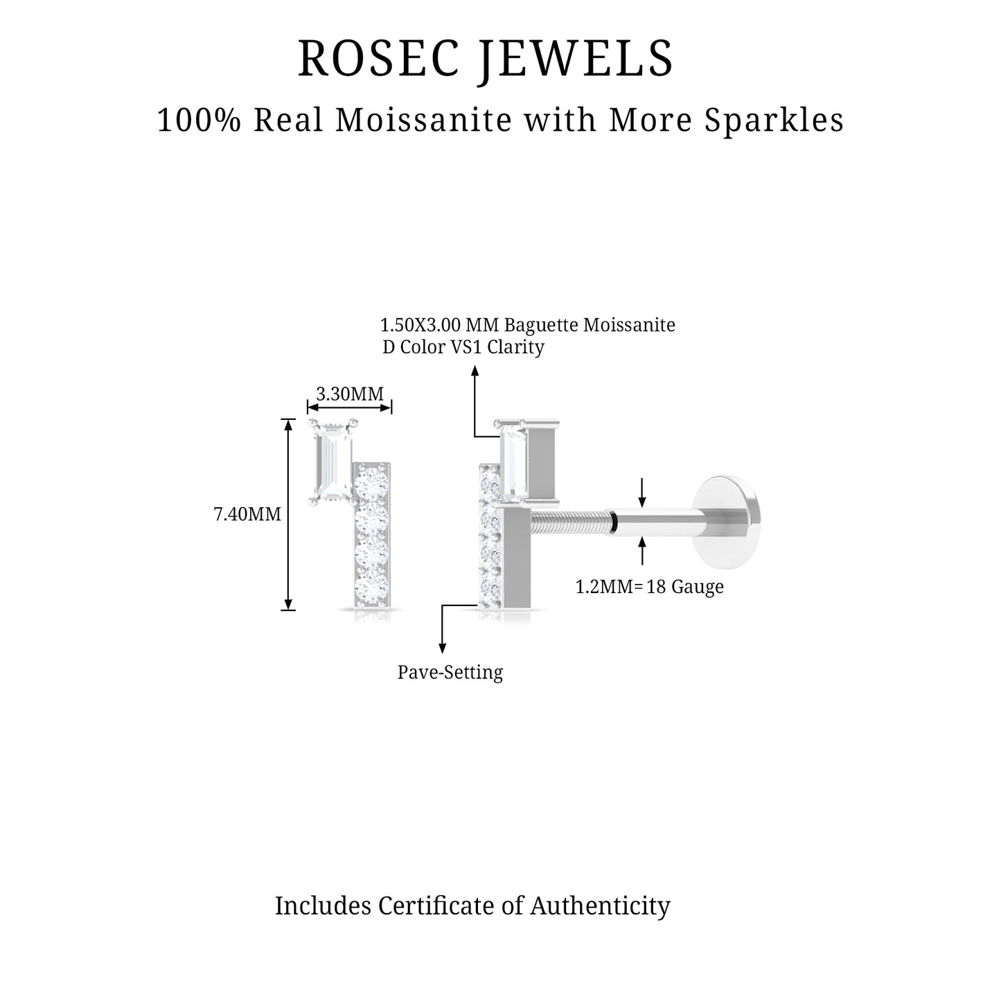 Moissanite Unique Bar Earring for Tragus Piercing