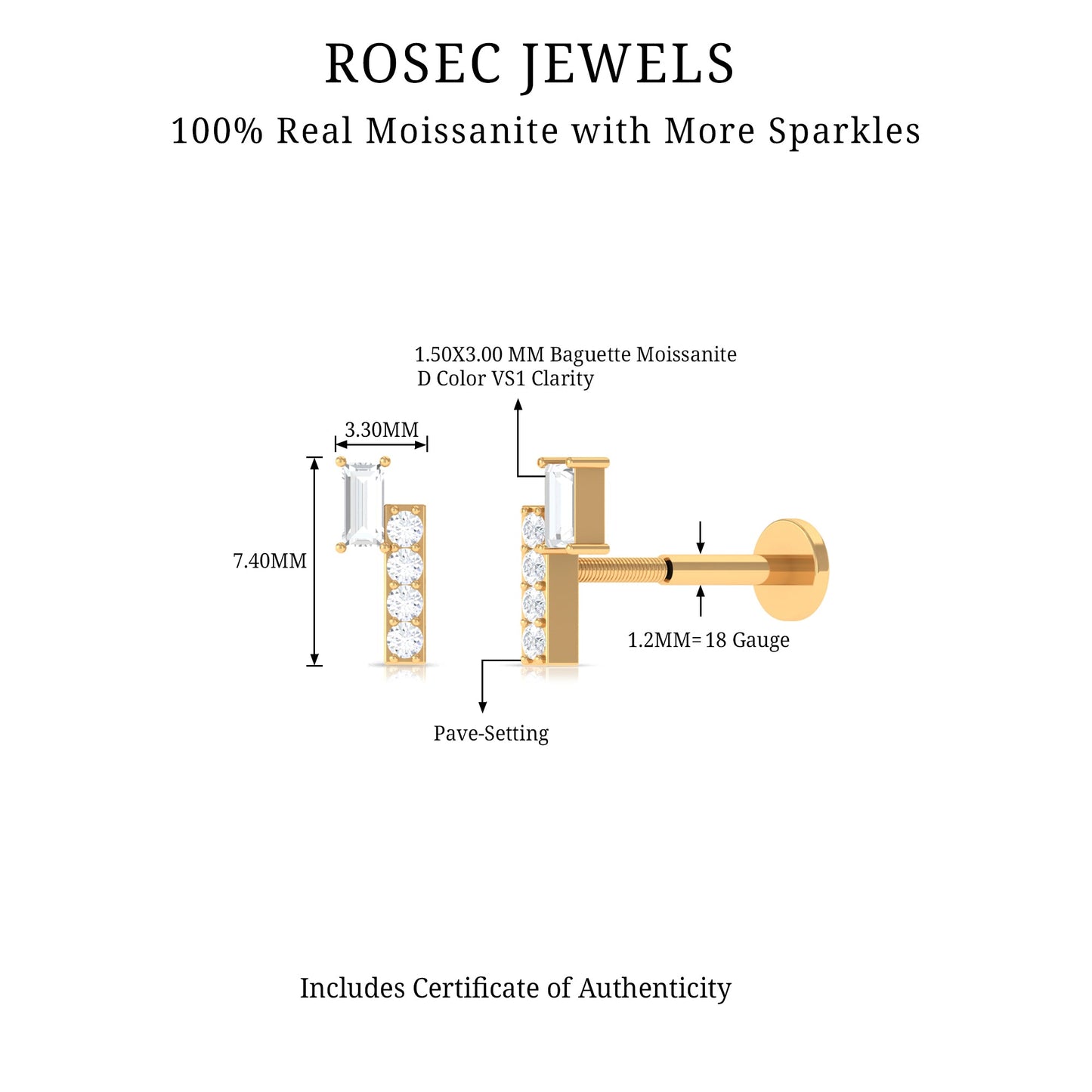 Moissanite Unique Bar Earring for Tragus Piercing