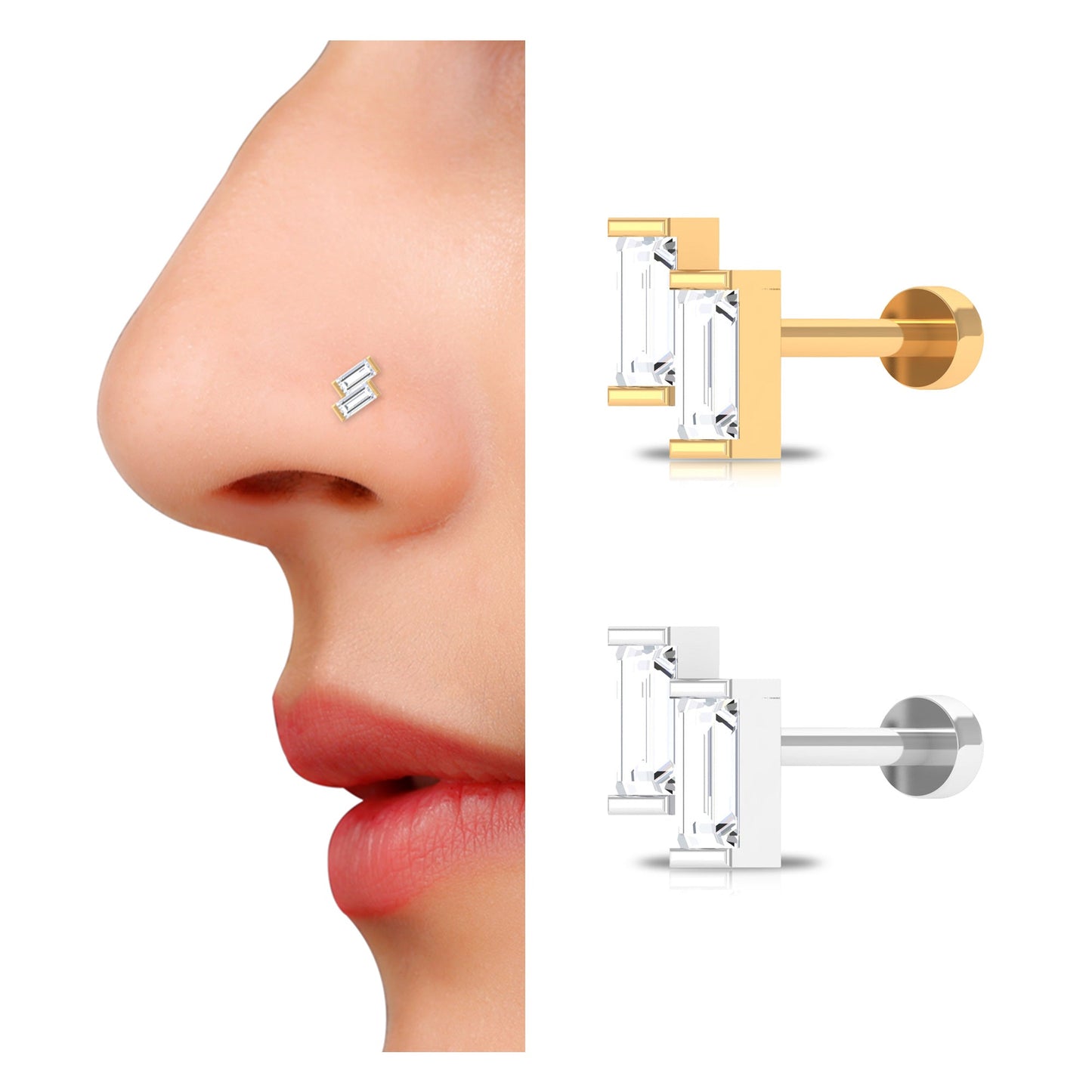 Baguette Moissanite 2 Stone Dainty Nose Stud