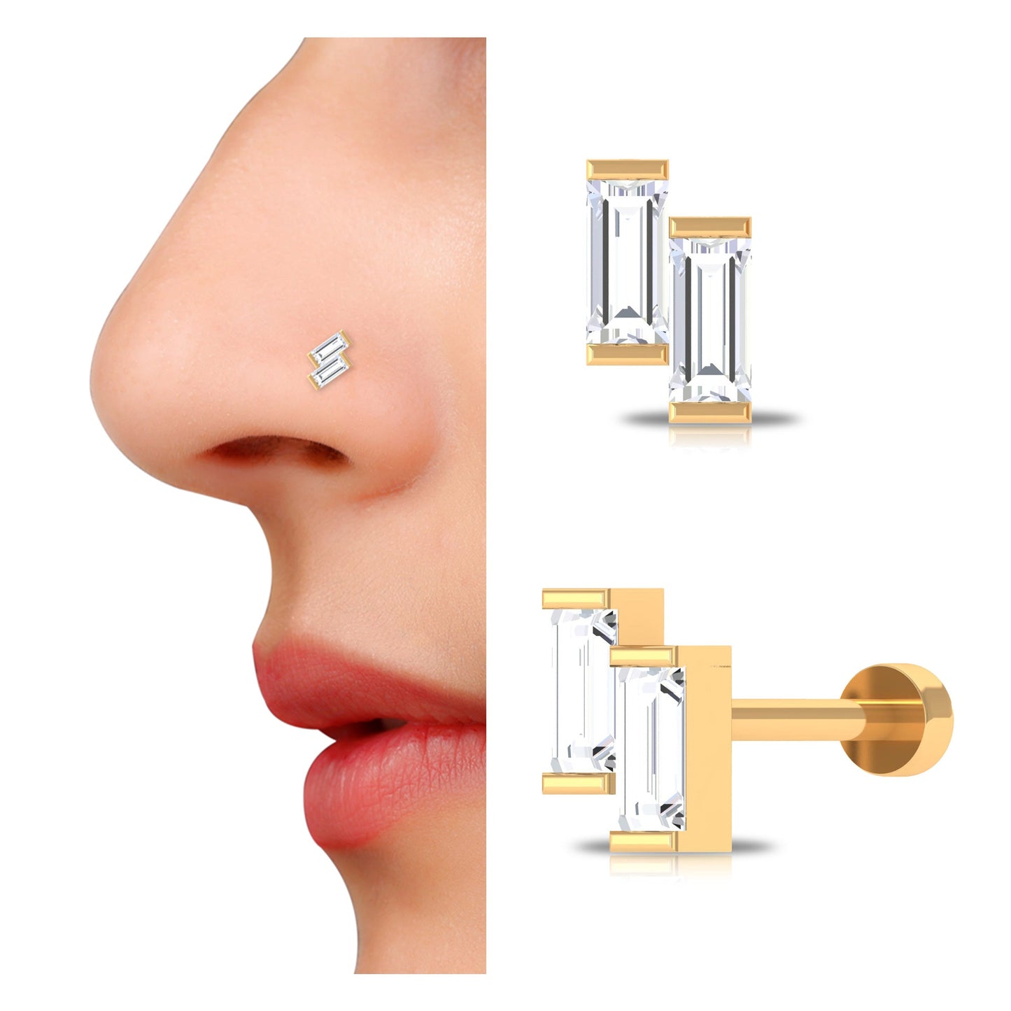 Baguette Moissanite 2 Stone Dainty Nose Stud