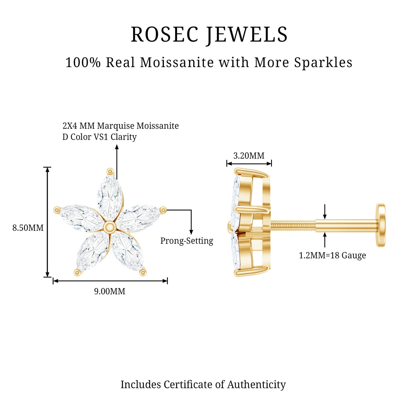 Marquise Cut Moissanite Floral Earring for Cartilage Piercing