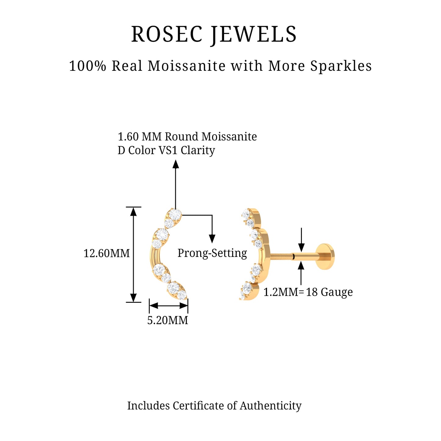 Certified Moissanite Curved Helix Earring for Her