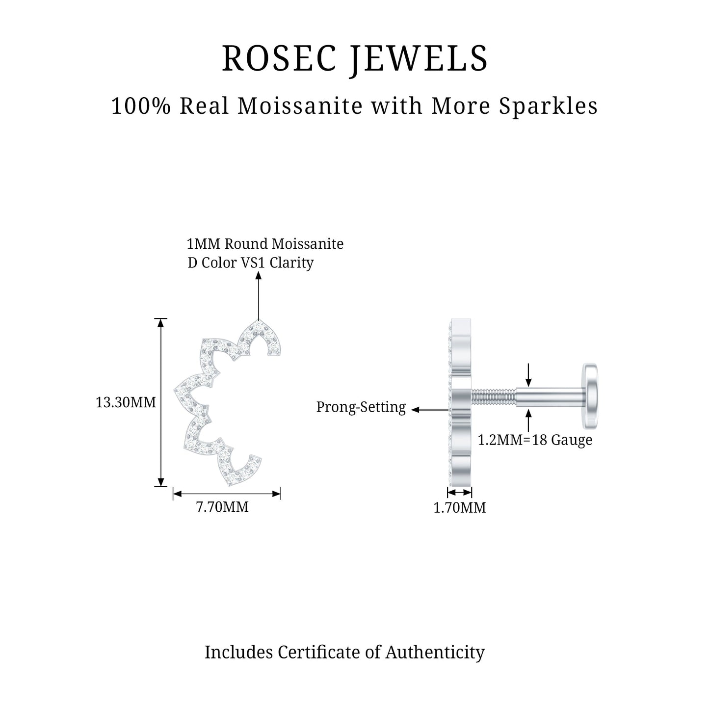 Certified Moissanite Designer Earring for Cartilage Piercing