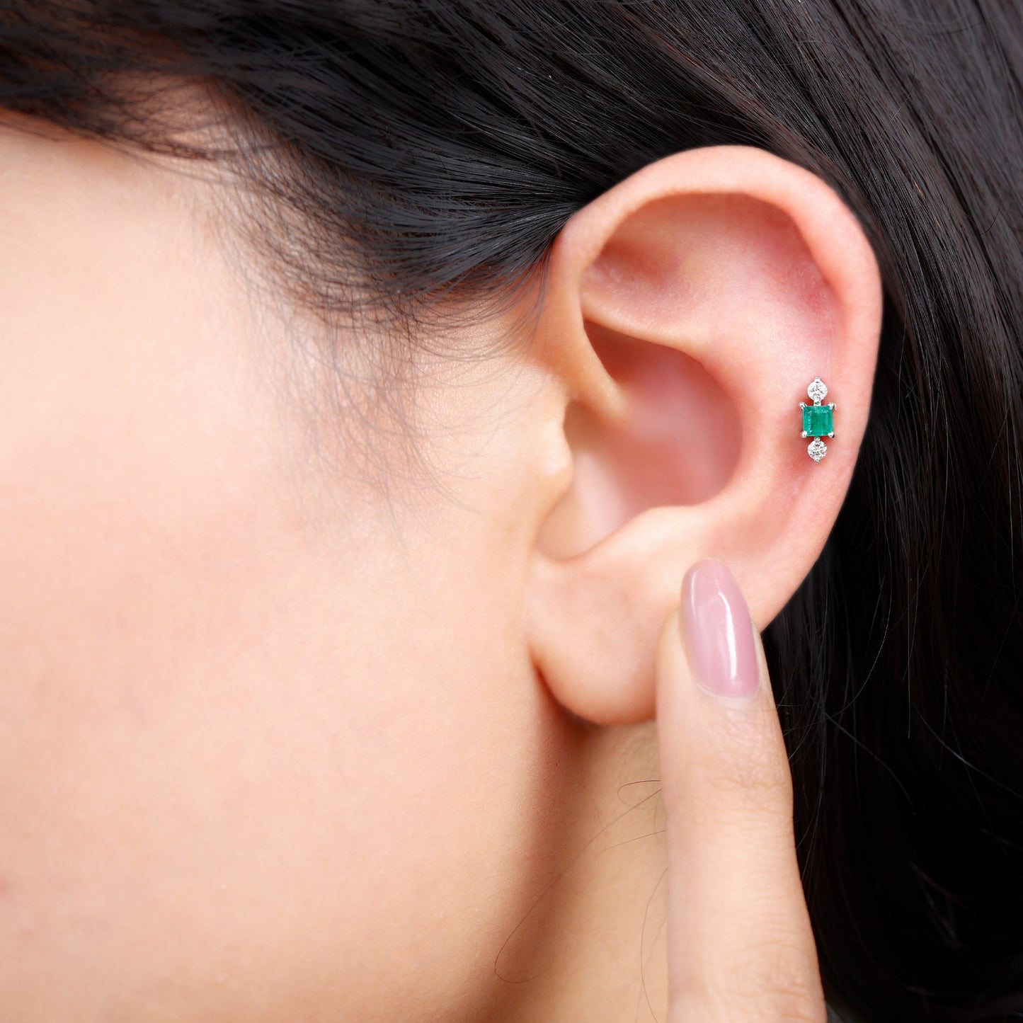 Natural Emerald and Lab Grown Diamond Helix Earring