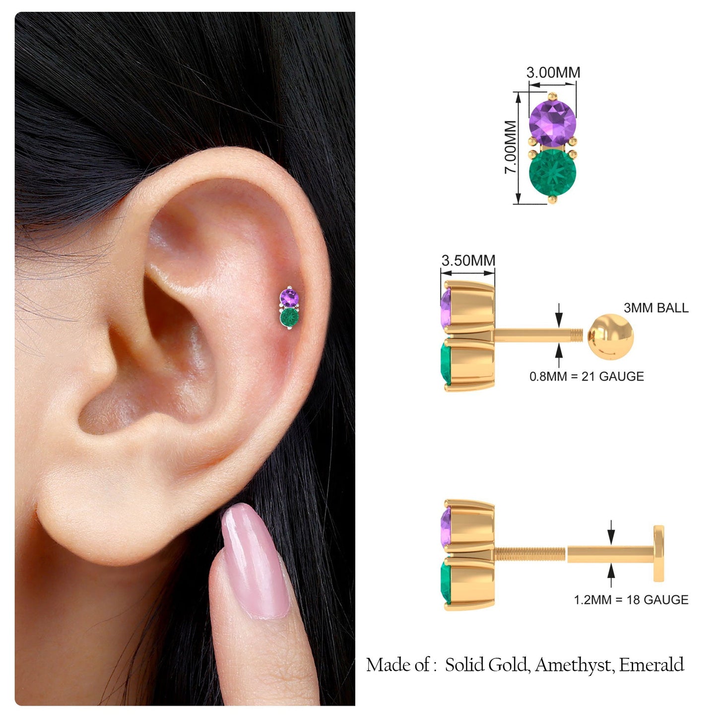 Real Amethyst and Emerald Earring for Helix Piercing