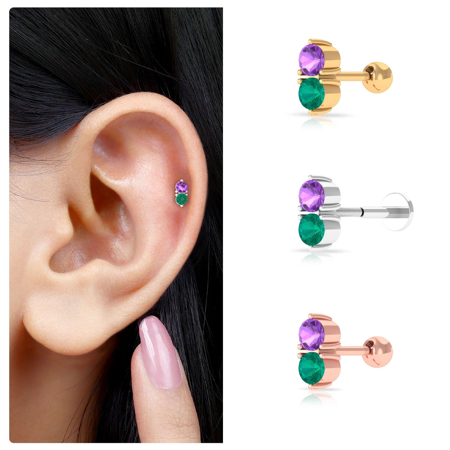 Real Amethyst and Emerald Earring for Helix Piercing