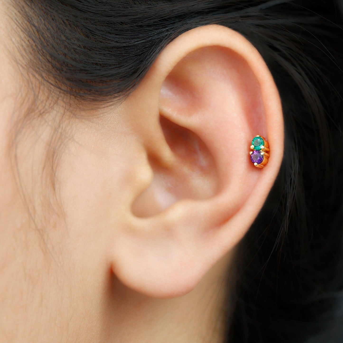 Real Amethyst and Emerald Earring for Helix Piercing