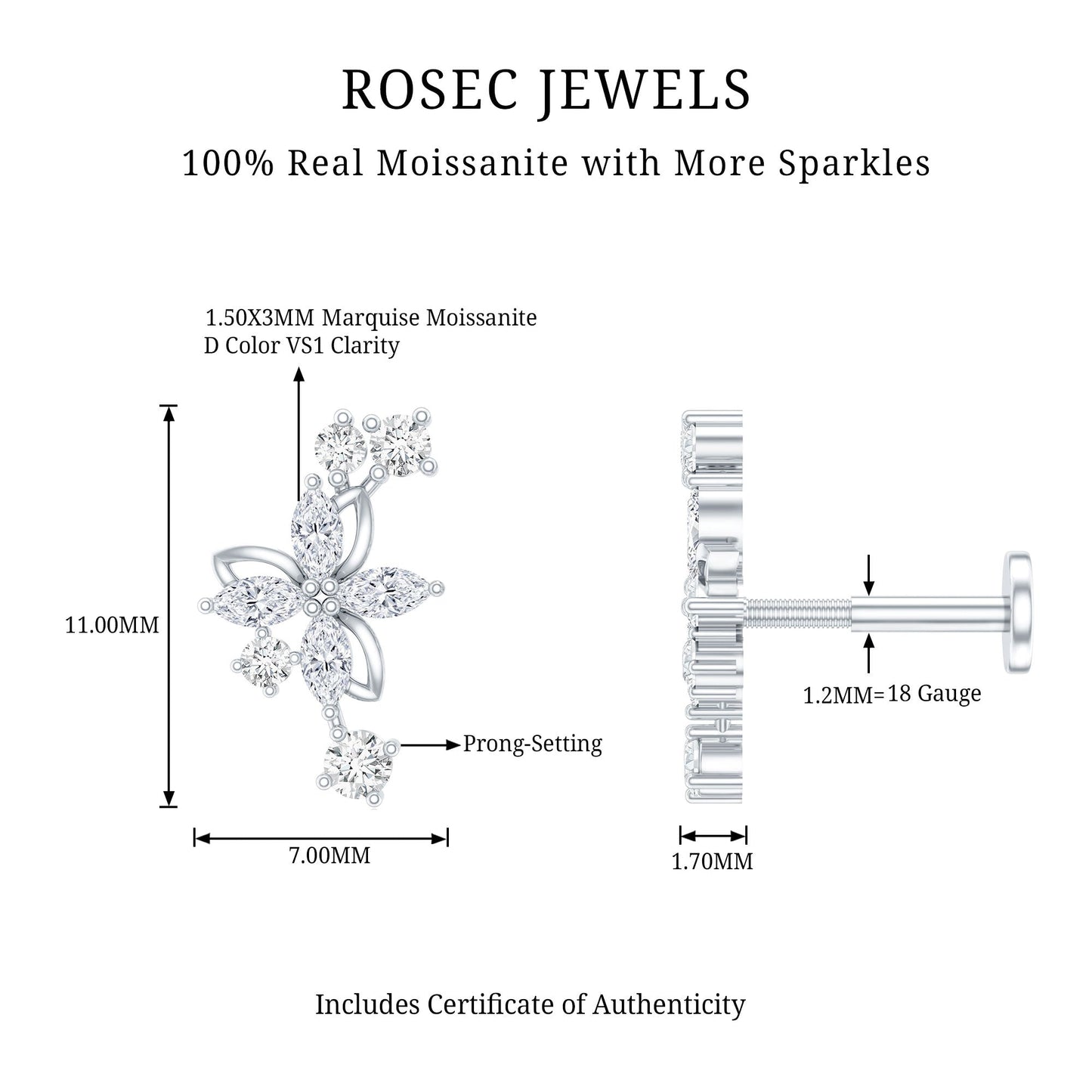 Certified Moissanite Flower Crawler Earring