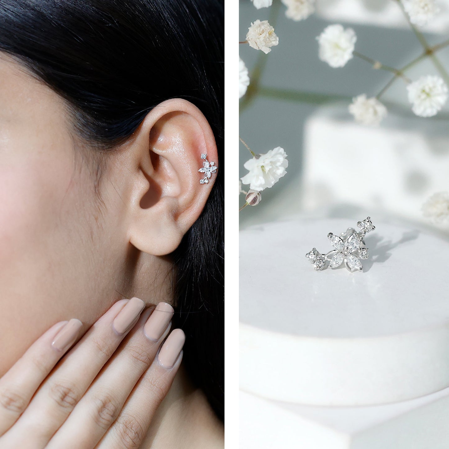 Certified Moissanite Flower Crawler Earring