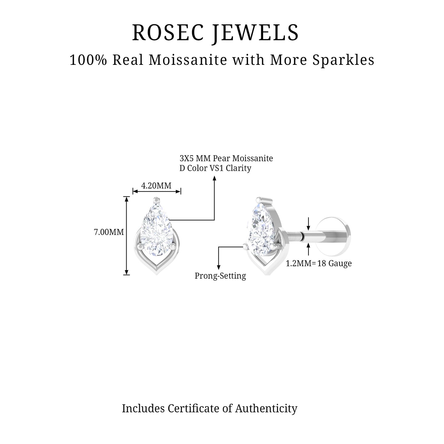 3X5MM Pear Shape Moissanite Solitaire Cartilage Earring