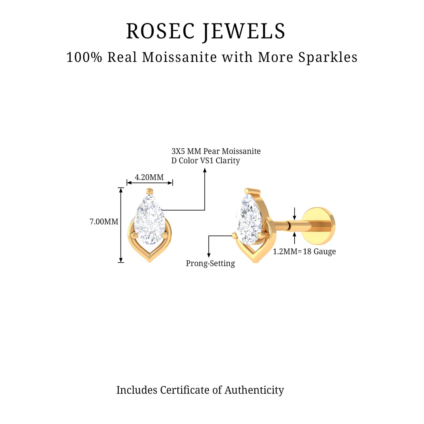 3X5MM Pear Shape Moissanite Solitaire Cartilage Earring