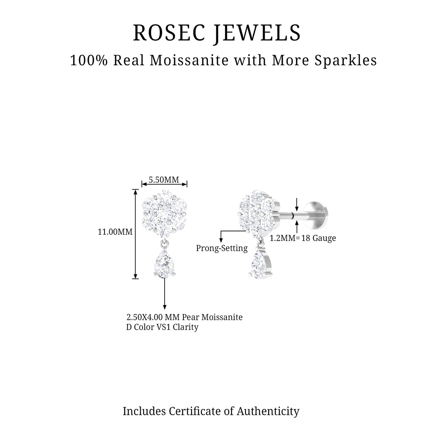 Moissanite Floral Drop Earring for Helix Piercing