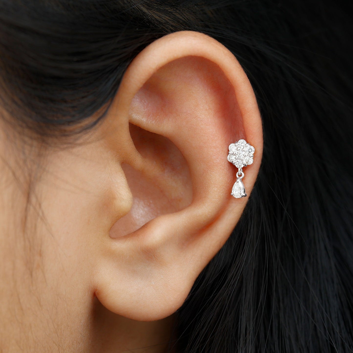 Moissanite Floral Drop Earring for Helix Piercing