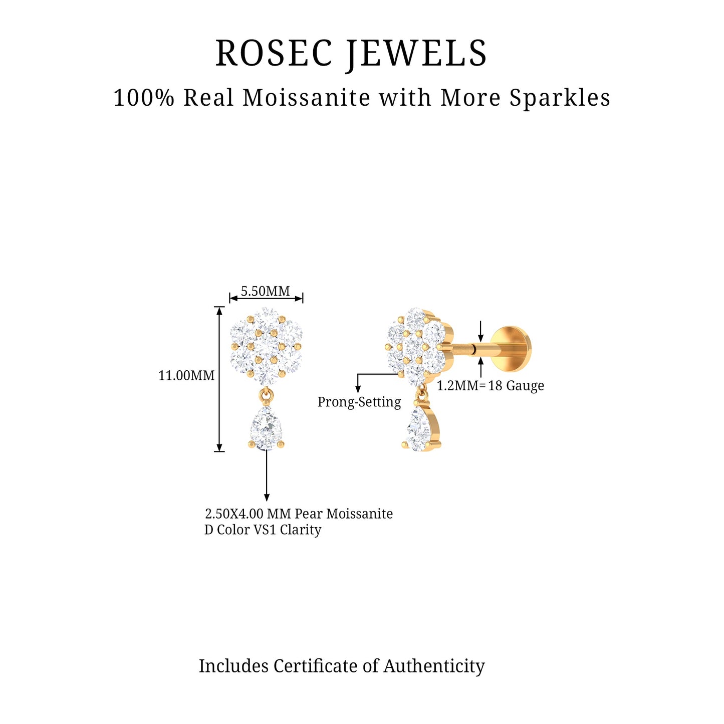 Moissanite Floral Drop Earring for Helix Piercing