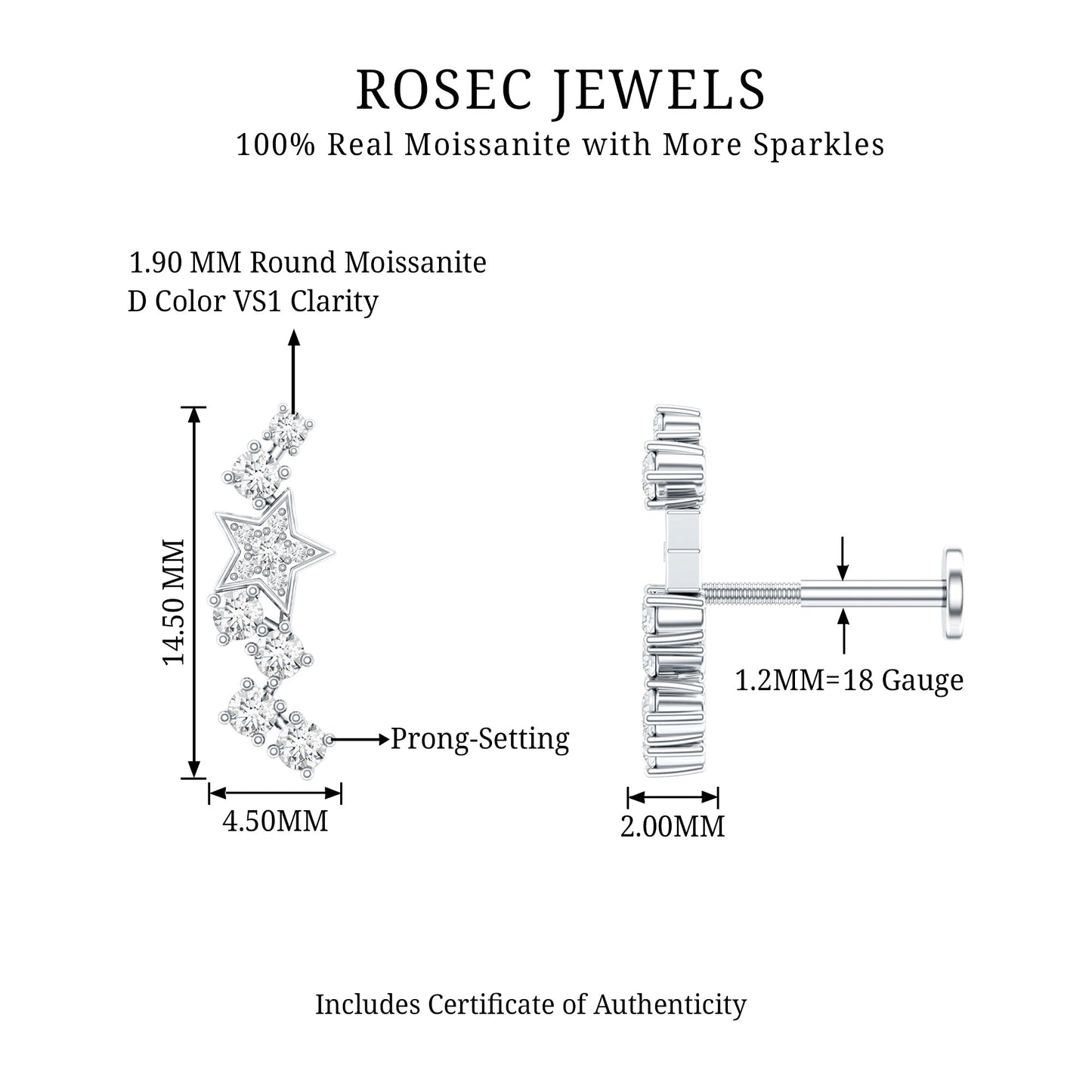 Moissanite Star Crawler Earring for Helix Piercing