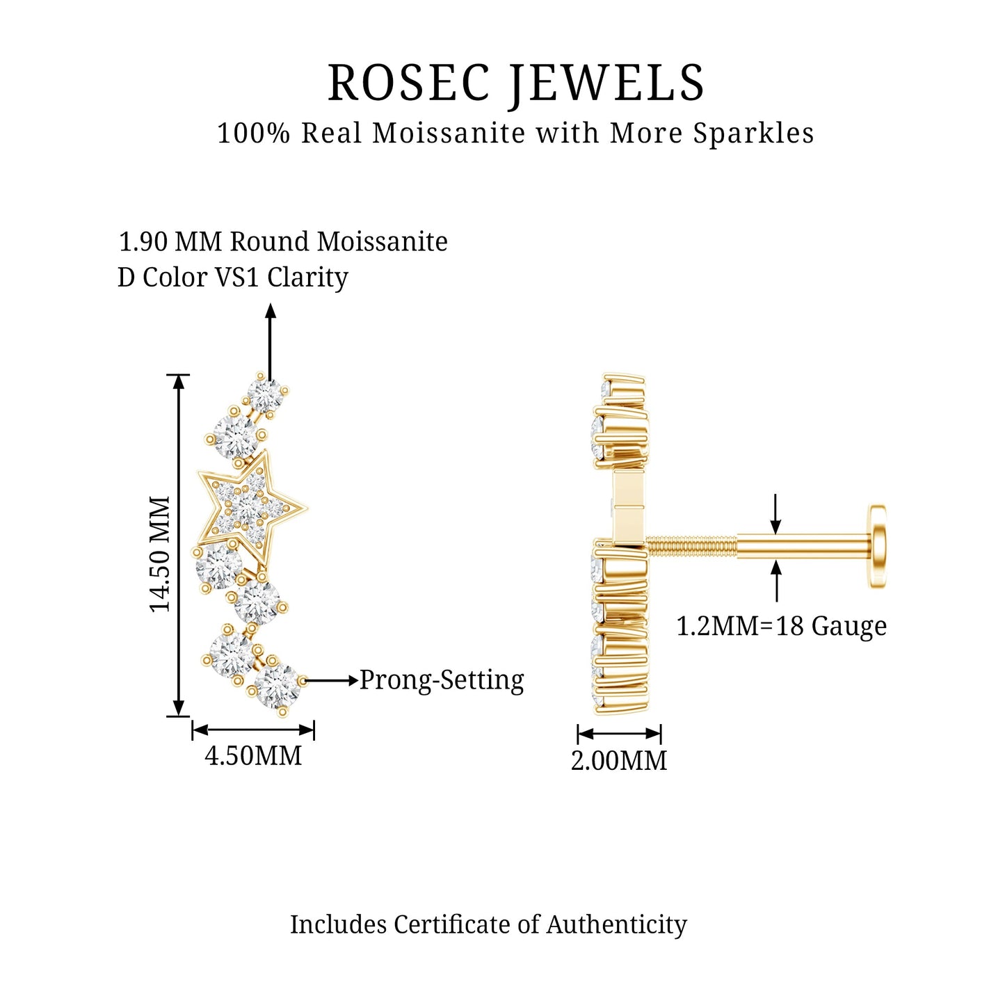 Moissanite Star Crawler Earring for Helix Piercing