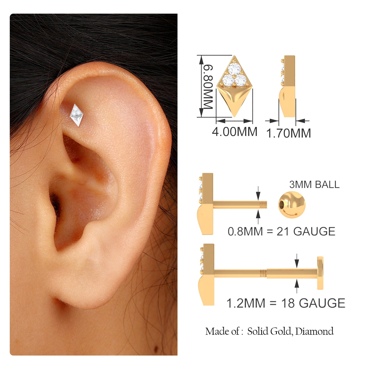 Natural Diamond Geometric Tragus Earring