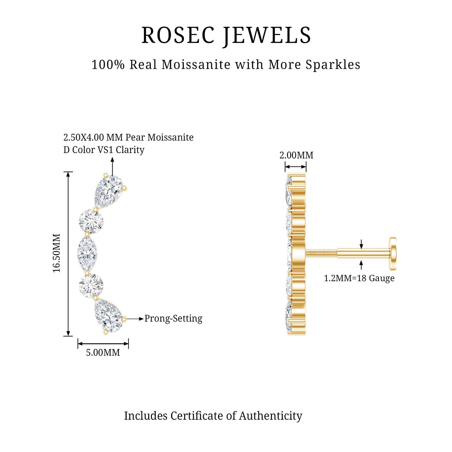 Certified Moissanite Curved Crawler Earring for Helix Piercing