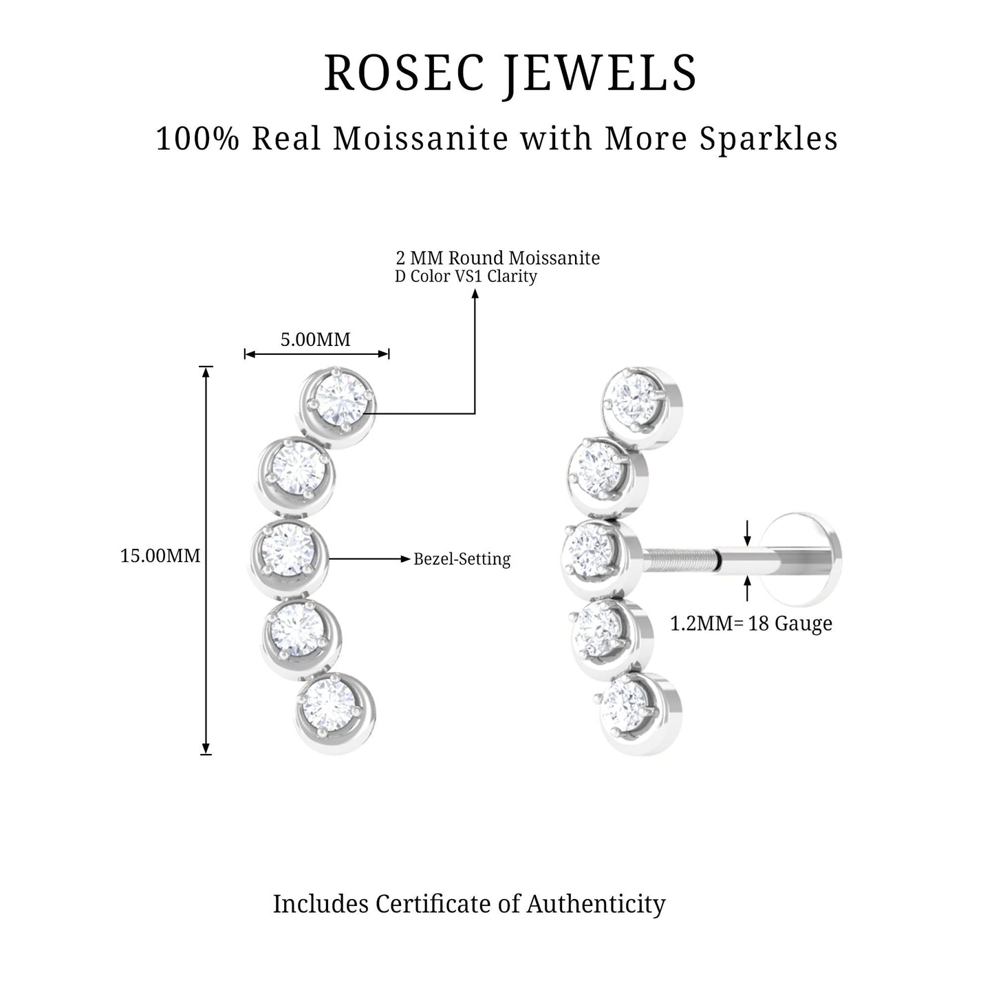 Round Moissanite Crawler Earring for Helix Piercing