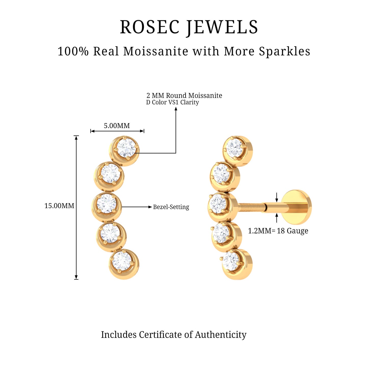 Round Moissanite Crawler Earring for Helix Piercing