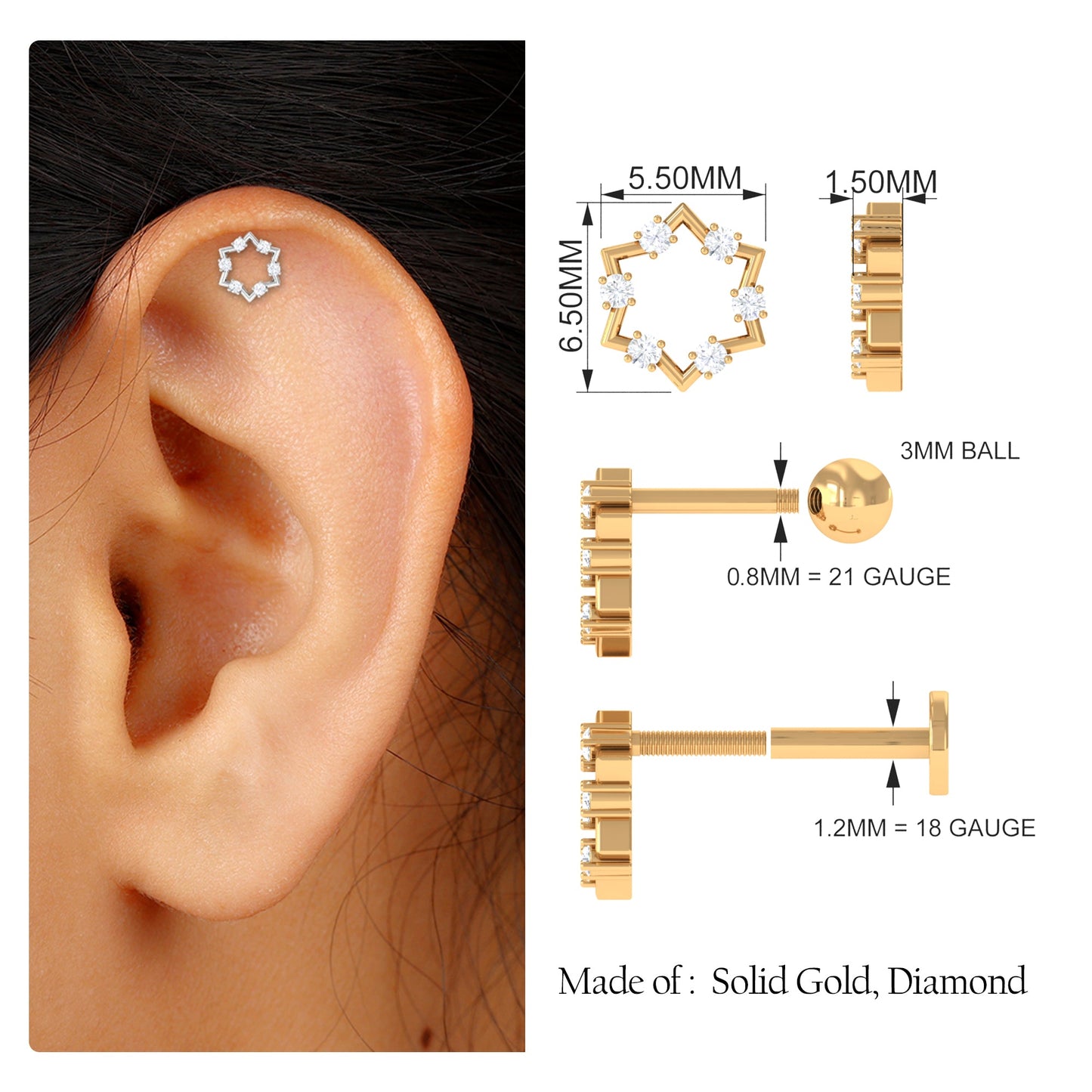 Genuine Diamond Star Earring for Cartilage Piercing