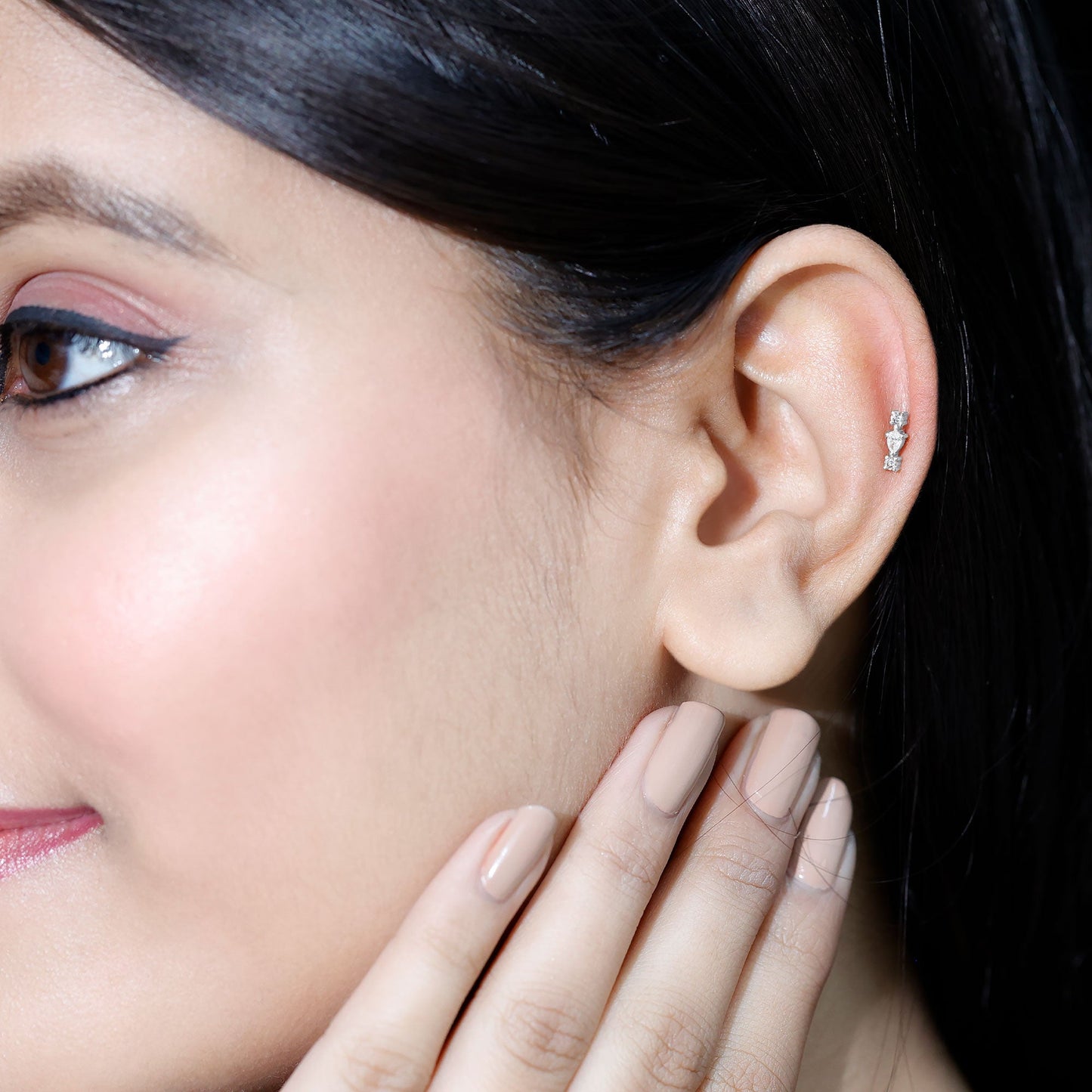 Natural Three Diamond Cartilage Earring with Flat Back