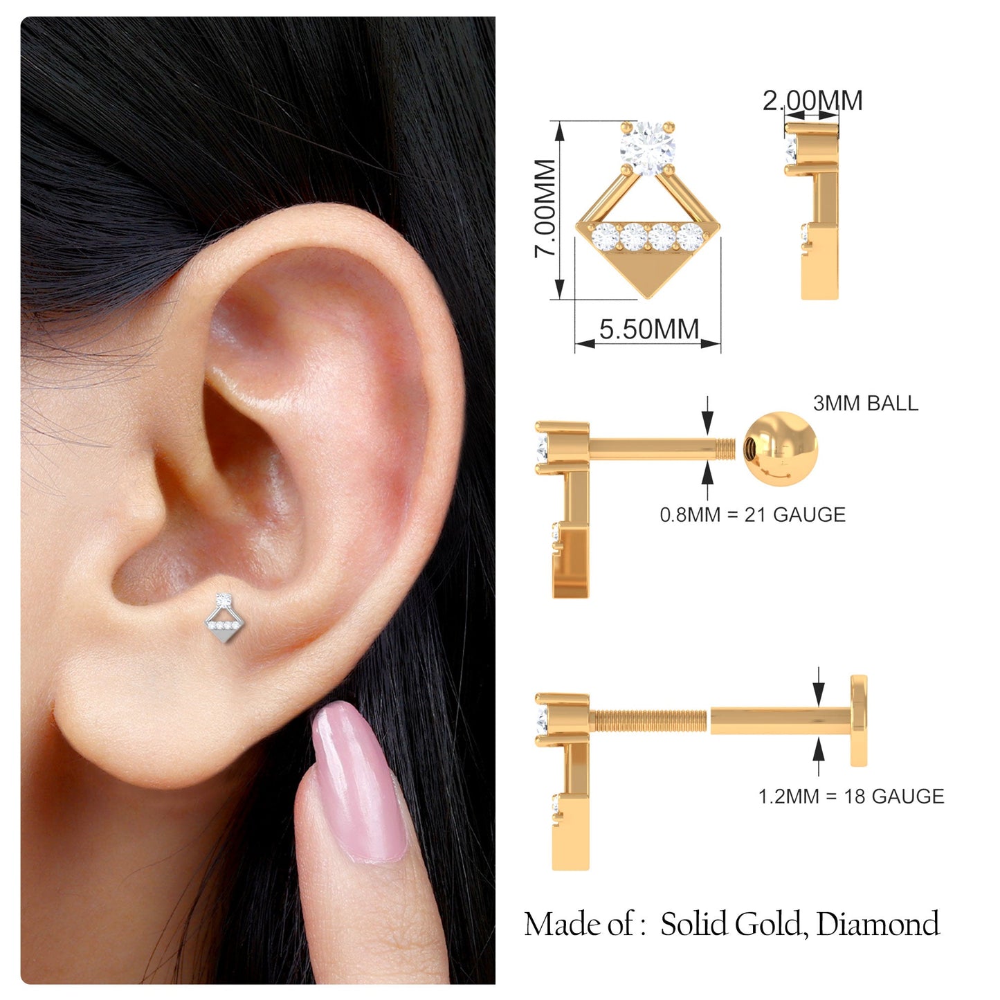 Unique Diamond Geometric Tragus Earring