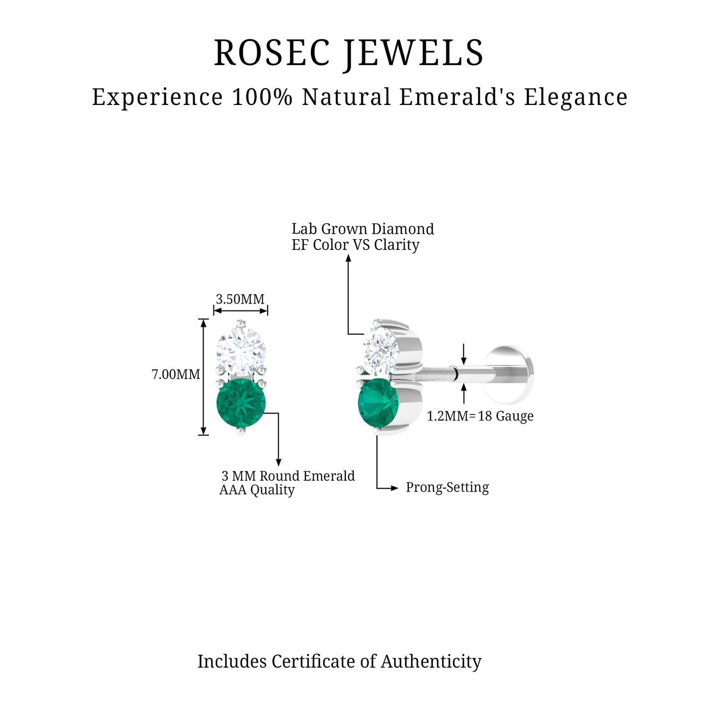 Dainty Emerald and Diamond Two Stone Tragus Earring