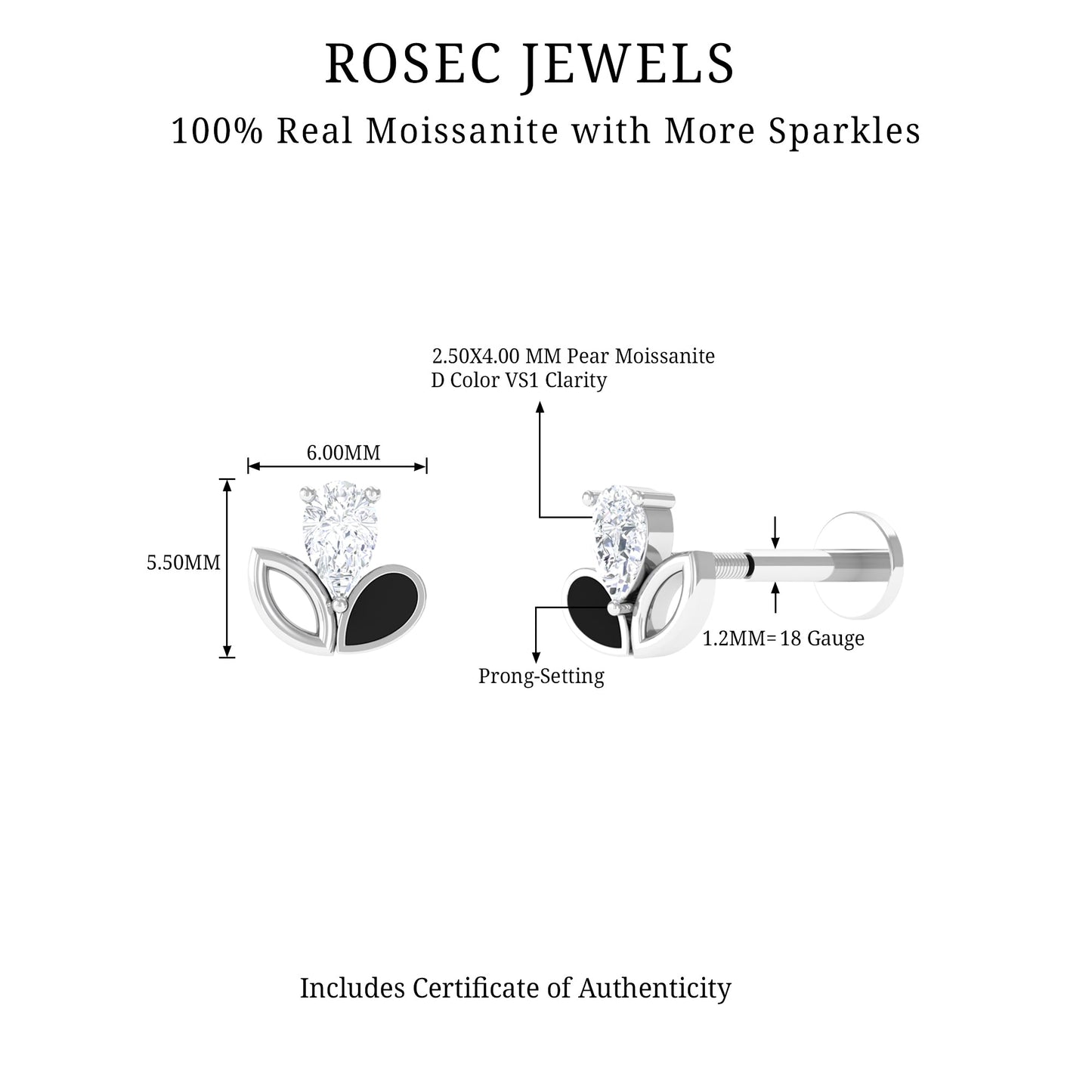 Pear Cut Moissanite Cartilage Earring with Black Enamel