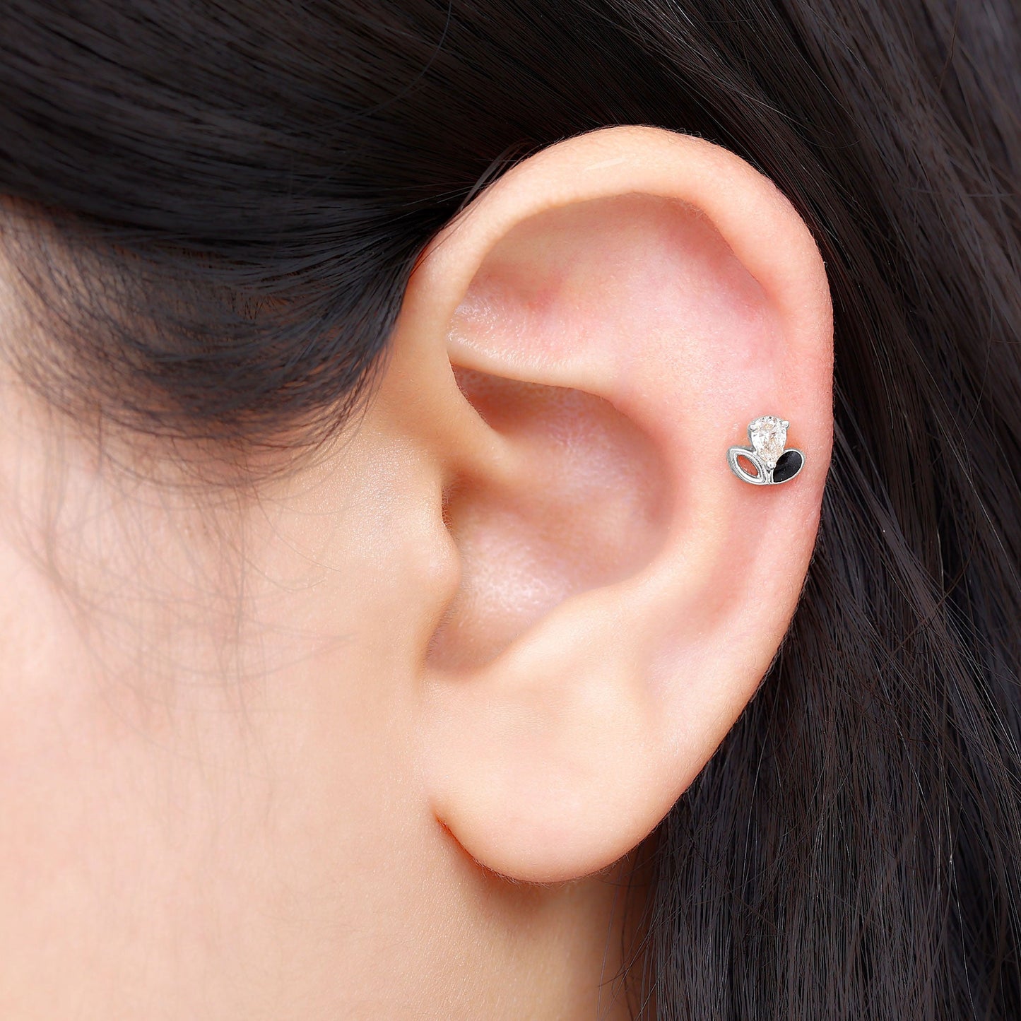 Pear Cut Moissanite Cartilage Earring with Black Enamel