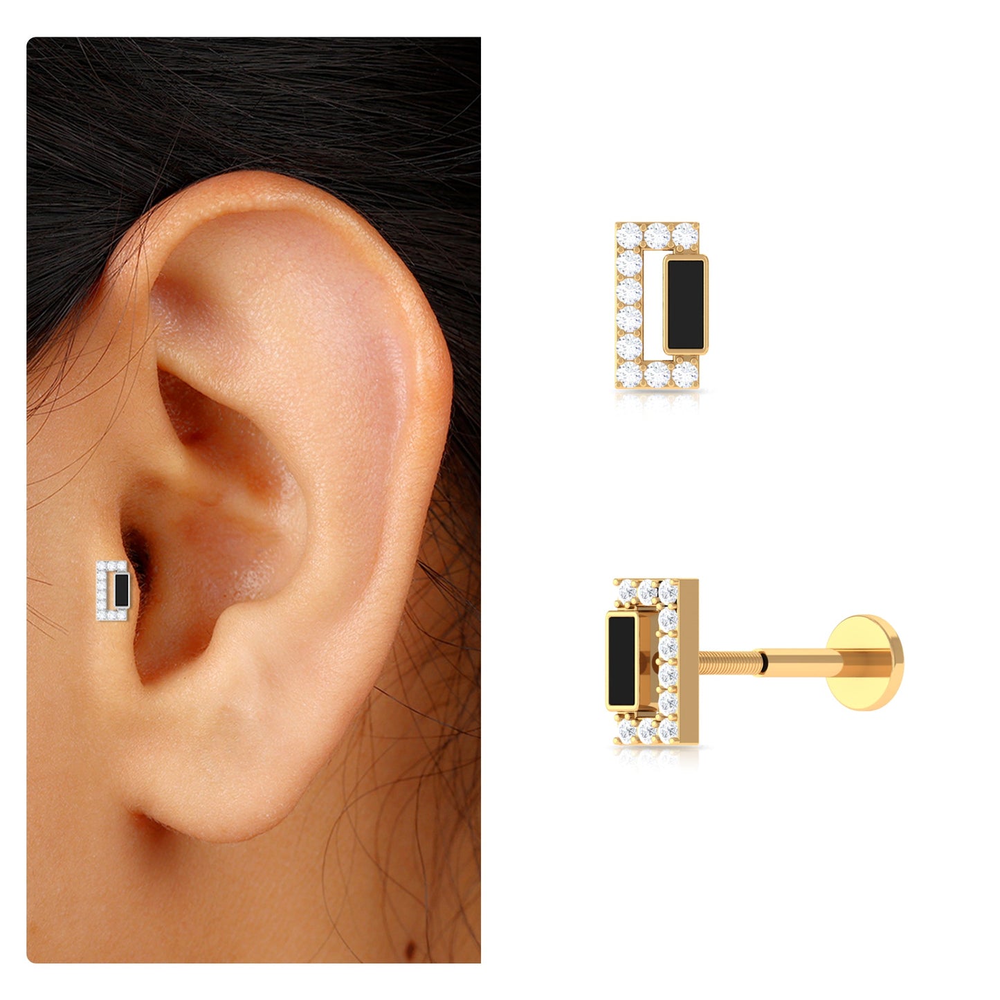 Diamond Bar Tragus Earring with Black Enamel