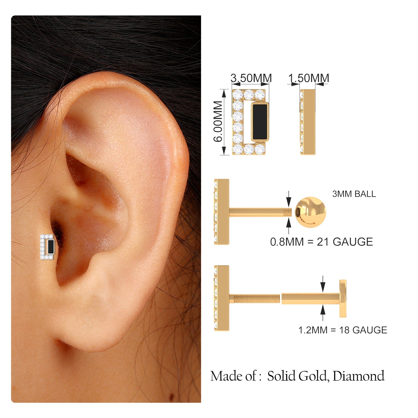 Diamond Bar Tragus Earring with Black Enamel