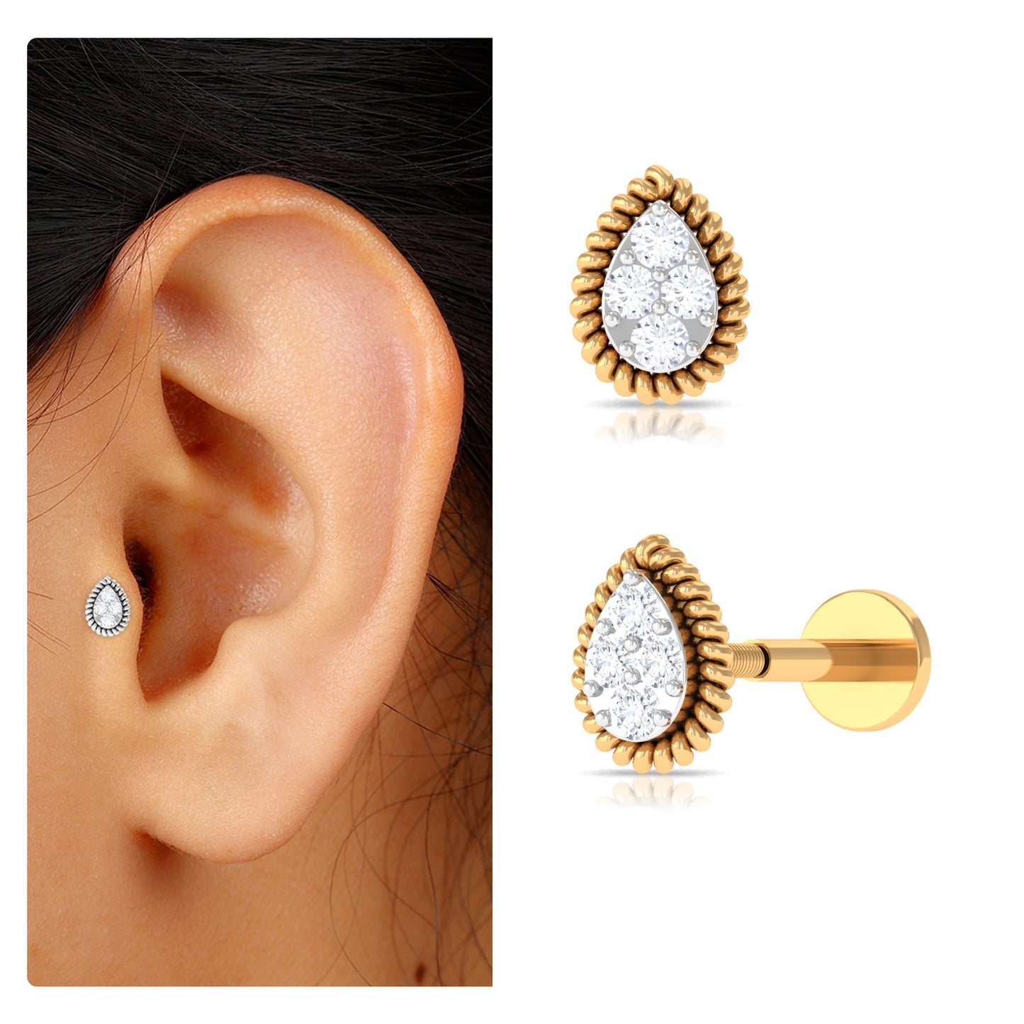 Real Diamond Teardrop Helix Earring with Twisted Rope Frame