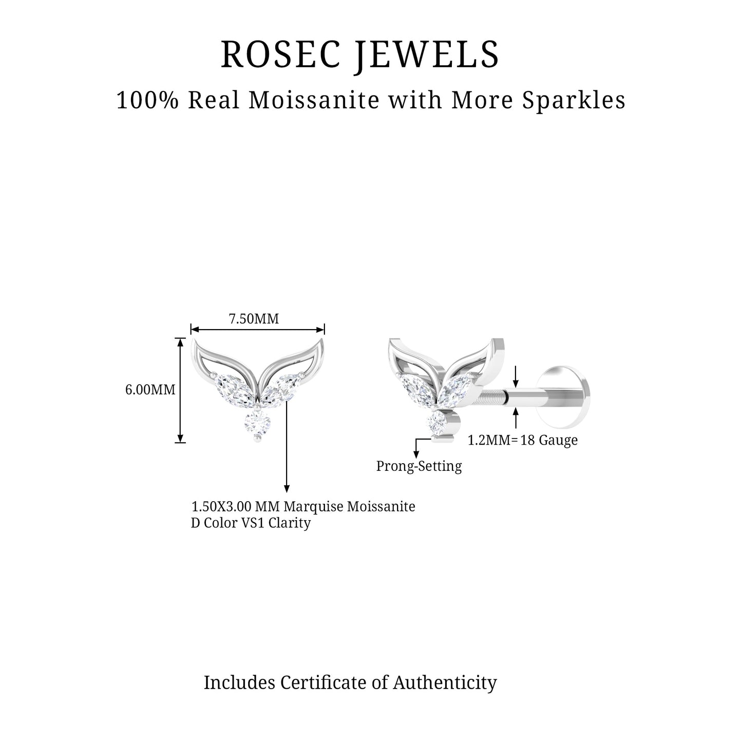 Certified Moissanite Fishtail Earring for Cartilage Piercing