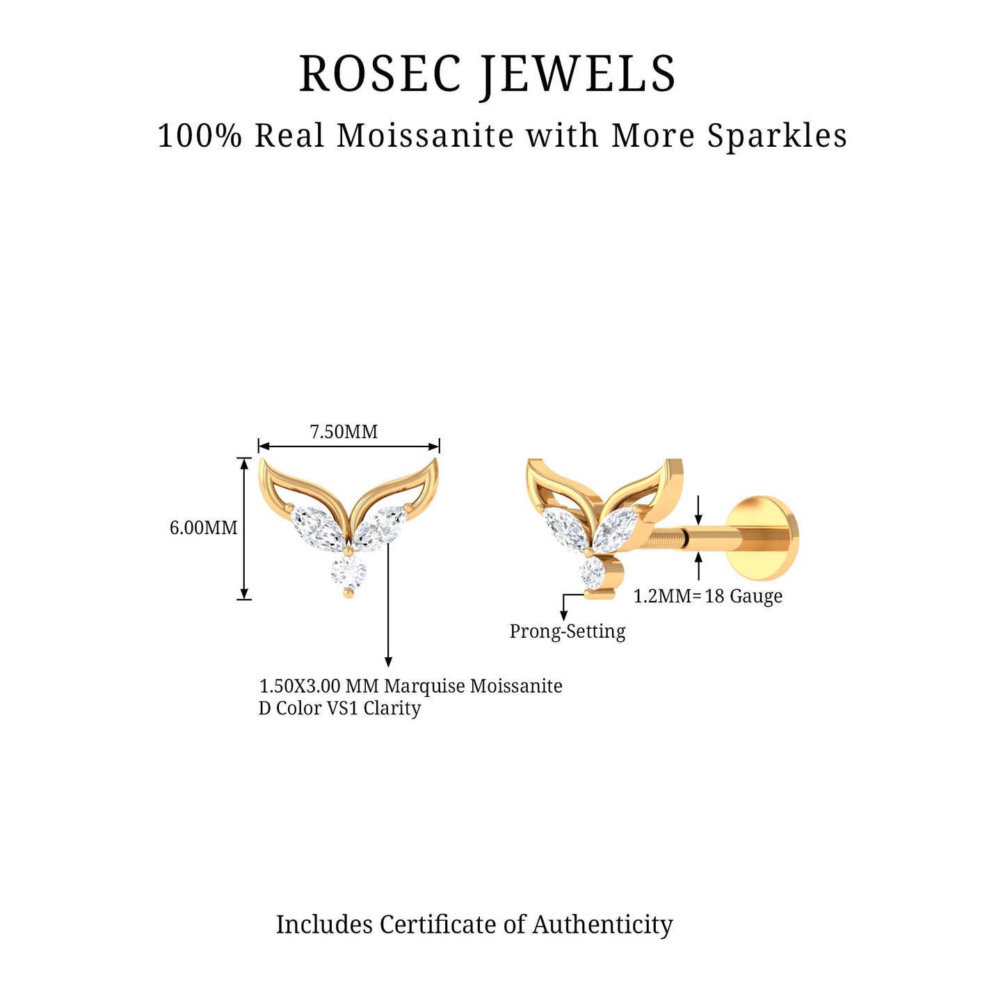 Certified Moissanite Fishtail Earring for Cartilage Piercing