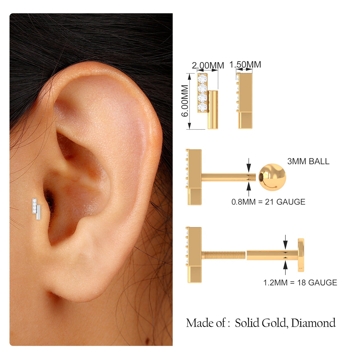 Minimalist Diamond Bar Tragus Earring