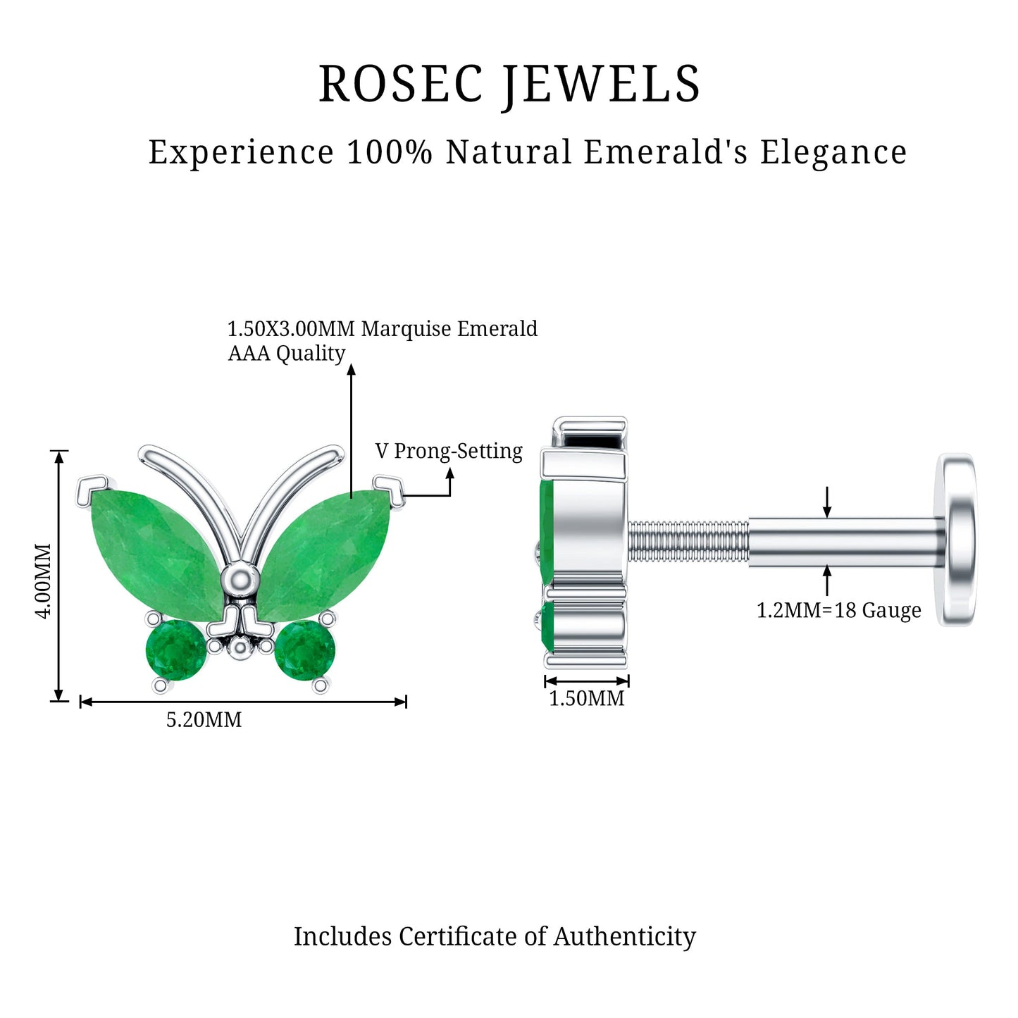 Natural Emerald Butterfly Earring for Cartilage Piercing