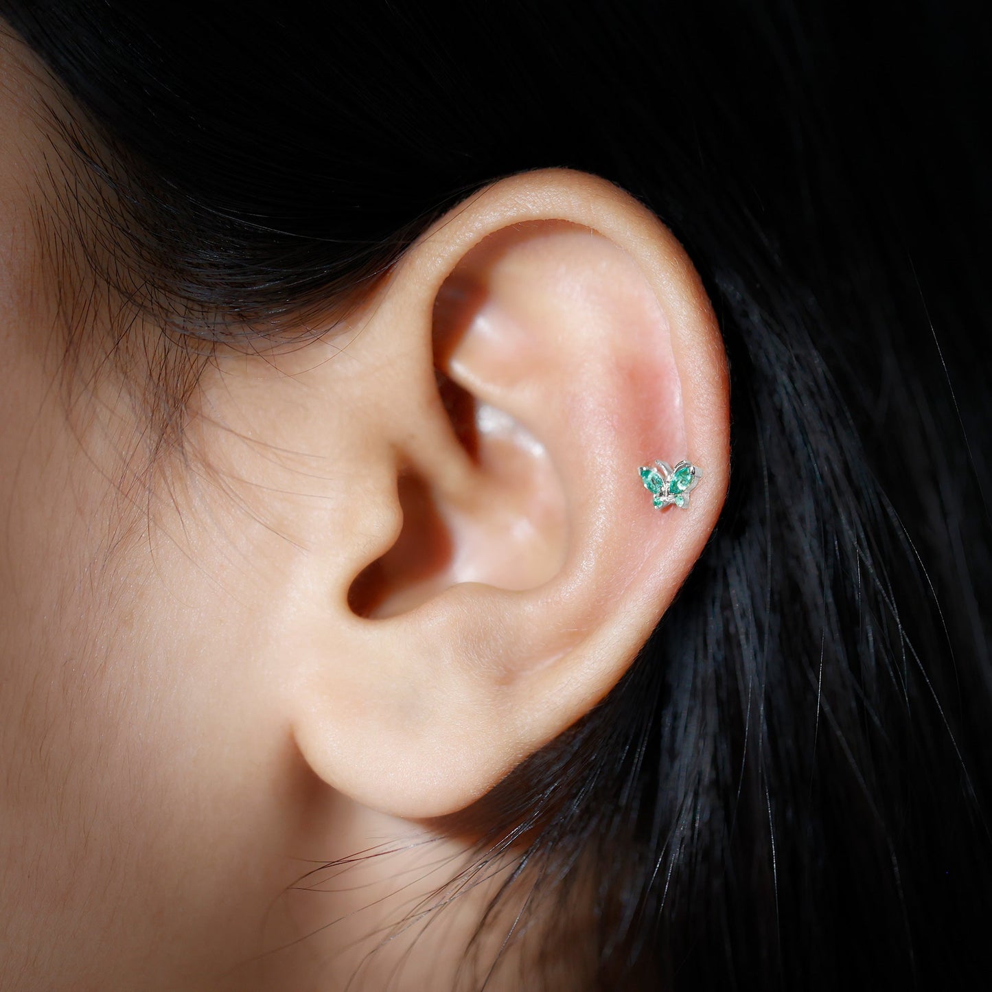 Natural Emerald Butterfly Earring for Cartilage Piercing
